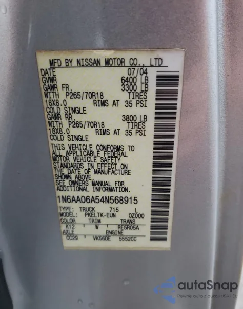 2004 Nissan Titan Xe из США, поврежденный, VIN 1N6AA06A54N568915